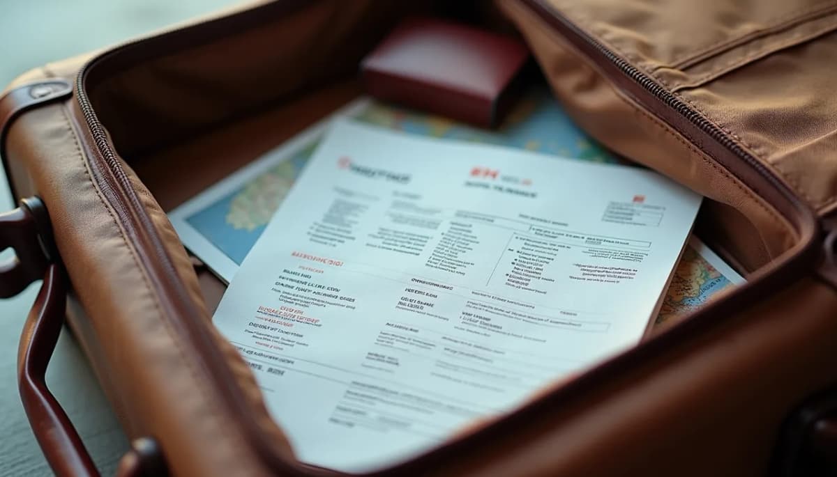 Vista dall'alto di una valigia aperta con documenti di viaggio e polizza assicurativa