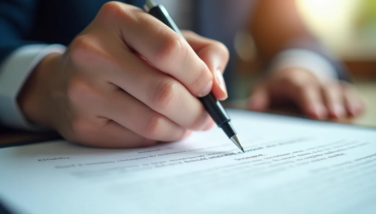 Close-up view of a hand holding a pen signing an insurance contract