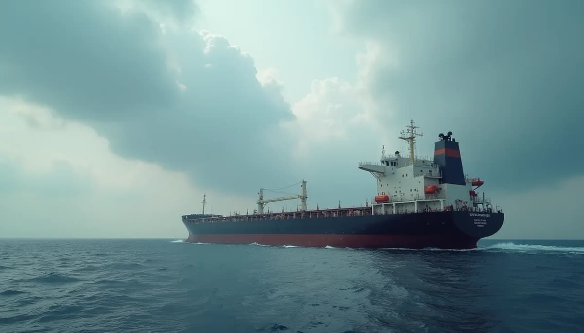 Vista laterale di una nave cisterna petrolio in navigazione con cielo nuvoloso